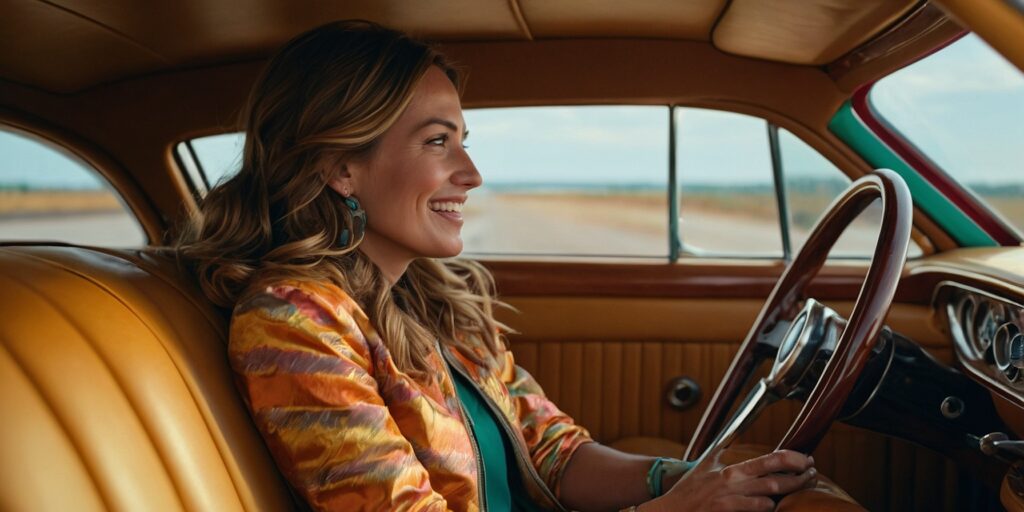 Une photo de famille souriante dans une voiture en Italie, devant un paysage magnifique.