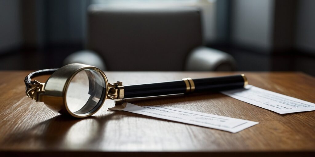 Une image d'un contrat d'assurance ouvert sur une table, avec une loupe sur les clauses du contrat
