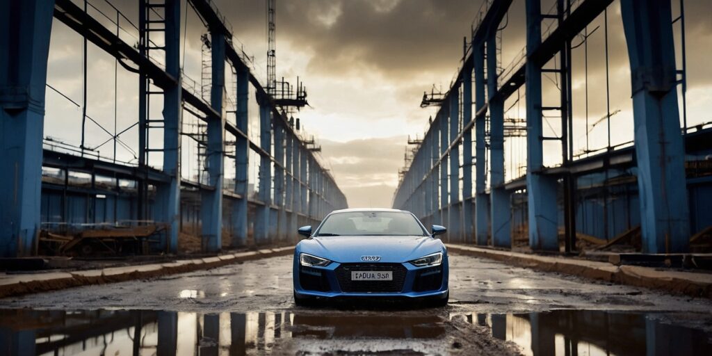 Image d'une voiture stationnée sur un chantier, avec un accident.